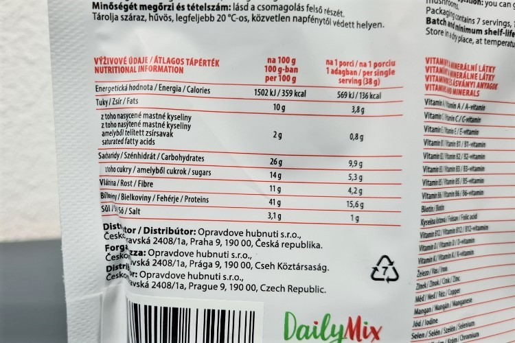 DailyMix proteínová polievka s hubami výživové údaje